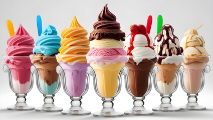  . Colorful Variety of Ice Cream Sundaes with Waffle Cones and Toppings on White Background, Ideal for Summer Dessert Menus and Party Presentations

