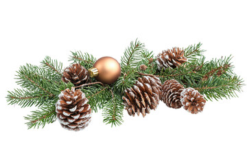 Festive Christmas arrangement with pine cones, evergreen branches, and a golden ornament, perfect for holiday decor and seasonal crafts.