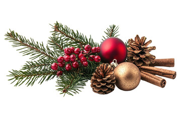 Festive Christmas decoration with pine branches, baubles, berries, pinecones, and cinnamon sticks. Perfect for holiday decor themes.