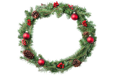 Festive Christmas wreath adorned with red ornaments, pine cones, and greenery, perfect for holiday decor and seasonal celebrations.