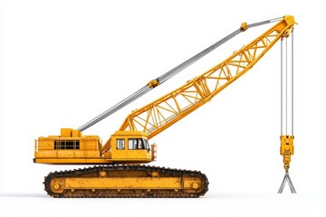 Vivid rendering of a yellow construction crane isolated on a crisp white background