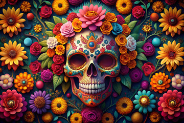 Fototapeta premium Festive, colorful illustration with sugar skull for Day of the Dead