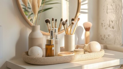 clean and elegant arrangement of skincare and makeup products on a white vanity