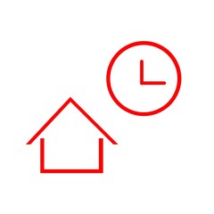 a red line drawing of a house and a clock