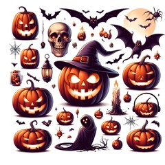Halloween jack-o&rsquo;-lanterns pumpkin set  illustration isolated on white background