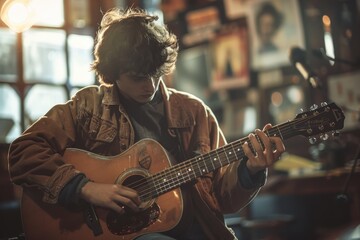 Man that is playing a guitar in a room