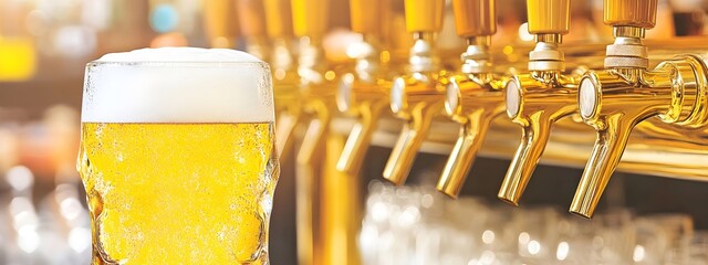 Glass of beer on bar counter with tap background. Pub interior, craft brewery. Oktoberfest festival celebration. Alcohol drink or beverage concept. Banner with copy space