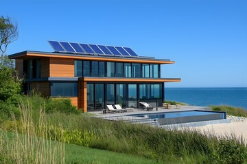 Obraz premium Solar Panels Installed On A Beachfront Mansion In The Hamptons, Solar Photography, Solar Powered Clean Energy, Sustainable Resources, Electricity Source, Hamptons Solar Installation
