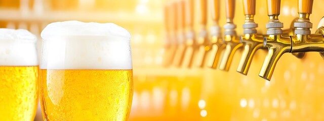 Glasses of beer on bar counter with tap background. Pub interior, craft brewery. Oktoberfest festival celebration. Alcohol drink or beverage concept. Banner with copy space