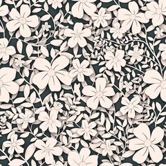 Fototapeta premium A seamless pattern of white flowers and leaves on a dark background. The flowers have five petals and are arranged in a random but balanced manner. The leaves are delicate and vary in size.