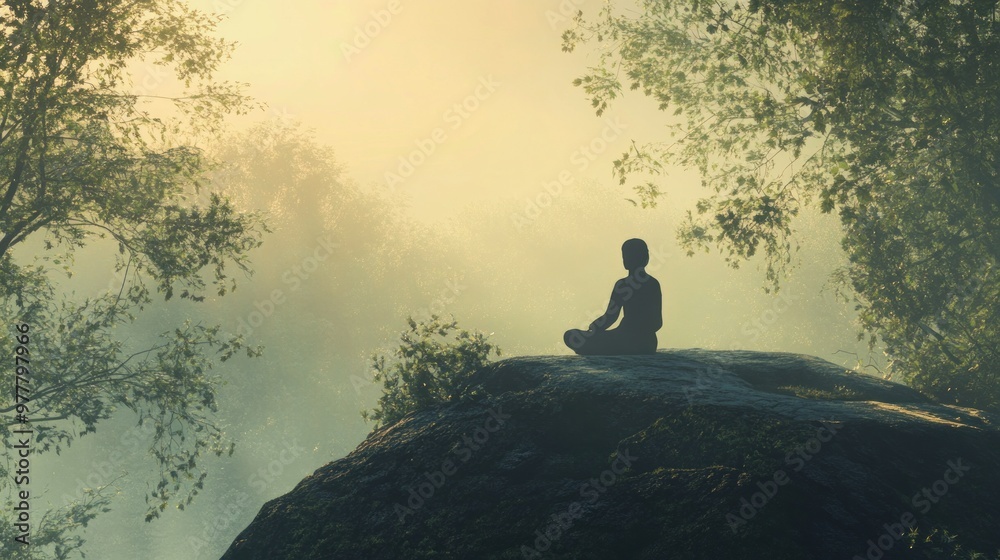 Wall mural Silhouette of a Person Sitting in Meditation on a Rocky Outcrop in a Misty Forest