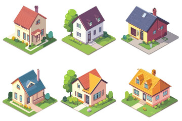 Set of six colorful cartoon houses with unique designs and details, perfect for real estate, architecture, or urban planning concepts.