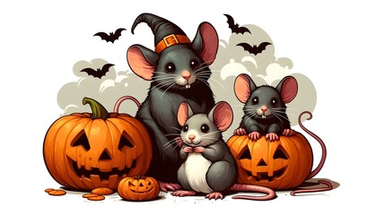 Fototapeta premium Halloween mice and rat with pumpkin design illustration