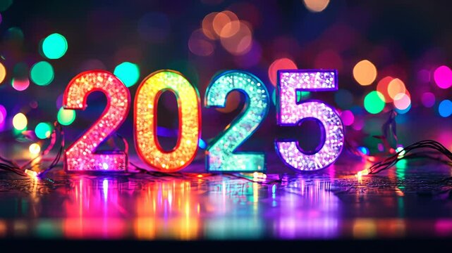 Colorful sparkling numbers 2025 celebrating New Year in a festive atmosphere with bright lights