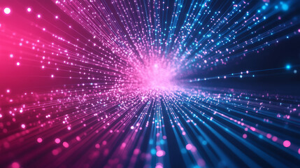 Naklejka premium “3D illustration of a digital technology metaverse background featuring neon blue and pink hues. Highlights abstract concepts of cyber information, high-speed connectivity, and future innovations 