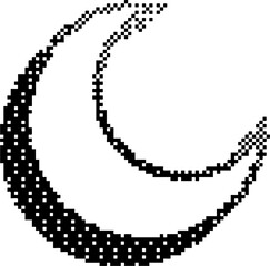 Bitmap pattern crescent shape. Halftone gradient moon element. Y2k graphic abstract icon. Dither noisy grunge texture.