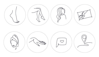 A set of aesthetic highlights in line art style for a women's spa. Vector illustration.