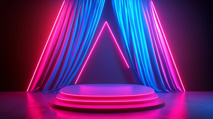 "An empty podium set against a backdrop of curtains, surrounded by neon blue and pink triangles. A futuristic and vibrant design, perfect for product displays or presentations 