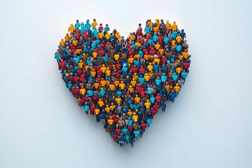 Heart made of colorful small figures symbolizing community diversity and collective support in a creative and vibrant representation of human connection