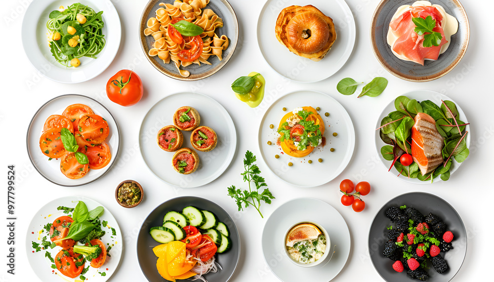 Wall mural set of plates of food isolated on a white background, top view