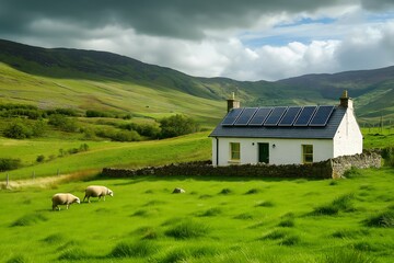 Obraz premium Solar Panels Installed On A Rural Cottage In Wales, Solar Photography, Solar Powered Clean Energy, Sustainable Resources, Electricity Source, Wales Solar Installation