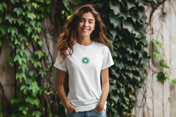 Fototapeta premium A woman wearing a white shirt with a small circle on it is smiling, generative ai image