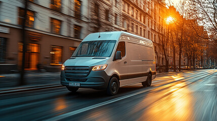 White modern delivery small shipment cargo courier van moving fast on motorway road to city