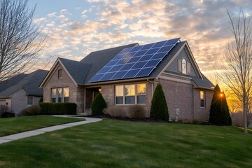 Obraz premium Modern Solar Panels Installed On A Indianapolis Home, Solar Photography, Solar Powered Clean Energy, Sustainable Resources, Electricity Source, Marketing Advert Solar Installation