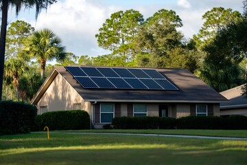 Obraz premium Modern Solar Panels Installed On A Orlando Florida Home, Solar Photography, Solar Powered Clean Energy, Sustainable Resources, Electricity Source, Marketing Advert Solar Installation