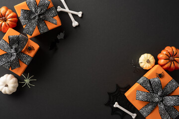 Orange Halloween gift boxes with black bows surrounded by pumpkins, spiders, and bones on a black background