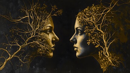 Art Painting for Pictures with Two Human Faces Blended with Nature, Facing Each Other, Abstract Image, Texture, Pattern Background, Wallpaper, Cover and Screen for Smartphone, PC, Laptop, 9:16 and 16: