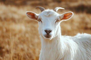 Fototapeta premium Close up portrait of a white goat in a field