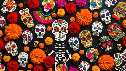 A pop art collage of Day of the Dead elements, including sugar skulls, marigolds, and skeletons, arranged in a playful composition, perfect for Day of the Dead