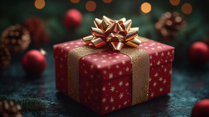 A vibrant red Christmas gift, adorned with a golden bow, nestled among glittering red baubles and shimmering particles. This close-up image beautifully captures the spirit of the season
