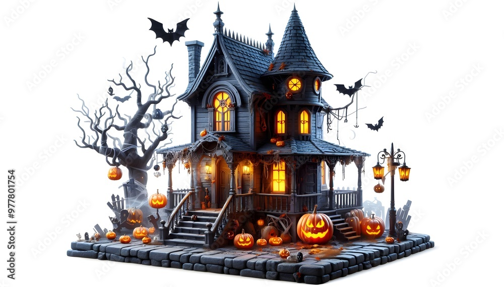 Wall mural 3d halloween spooky house with tree and ghost pumpkin vector illustration