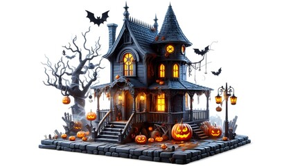 Fototapeta premium 3d Halloween spooky house with tree and ghost pumpkin vector illustration