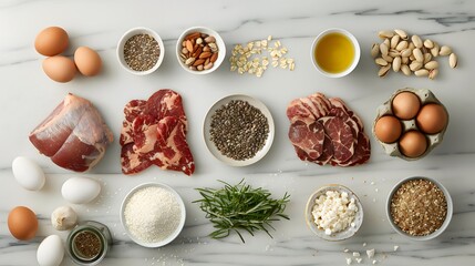 Assorted ingredients including pork, eggs, nuts, and spices on marble background. Flat lay for recipe design, meal preparation, or nutrition content. Healthy eating concept with fresh, raw ingredients