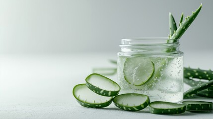A jar of aloe vera gel , accompanied by aloe leaves in a refreshing and natural setting