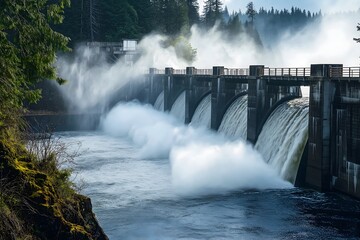 Fototapeta premium A Hydroelectric Dam Generating Clean Energy, With Water Cascading Down The Spillway And Lush Forests Surrounding The Area, Green Power Generation
