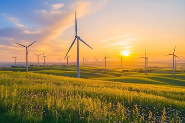 A Vast Wind Farm At Sunset, Renewable Energy Source, Wind Power Generation, Sustainable Energy Production, Wind Energy Technology