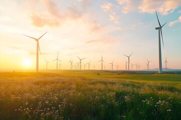 A Vast Wind Farm At Sunset, Renewable Energy Source, Wind Power Generation, Sustainable Energy Production, Wind Energy Technology