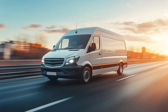 White modern delivery small shipment cargo courier van moving fast on motorway road to city