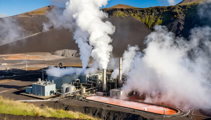 Fototapeta premium Steam rising from geothermal power plants in a volcanic region, utilizing Earth's natural heat for sustainable energy