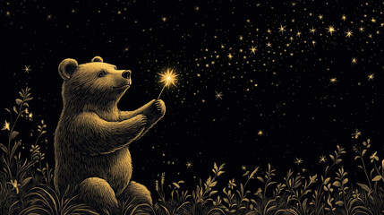 Bear Holding a Shooting Star Under a Night Sky