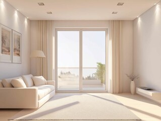 Minimalist living room with large windows and soft lighting