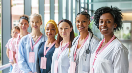 Healthcare Team in Pink Ribbons for Breast Cancer Awareness in Hospital Lobby