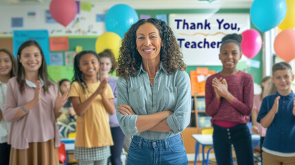 World Teachers Day Celebration with Joyful Students in a Colorful Classroom