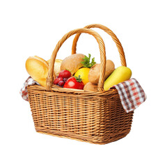 A beautiful wicker basket filled with fresh fruits and bread, perfect for picnic or healthy meal inspiration. PNG file, Transparent background.