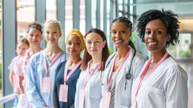Healthcare Team in Pink Ribbons for Breast Cancer Awareness in Hospital Lobby