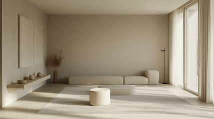 Minimalist living room with neutral tones and simple furniture